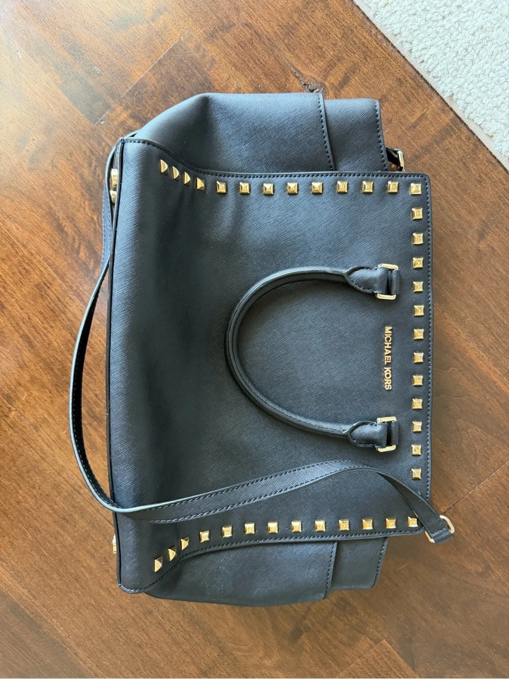 Michael Kors Selma Studded Satchel in Black Saffiano